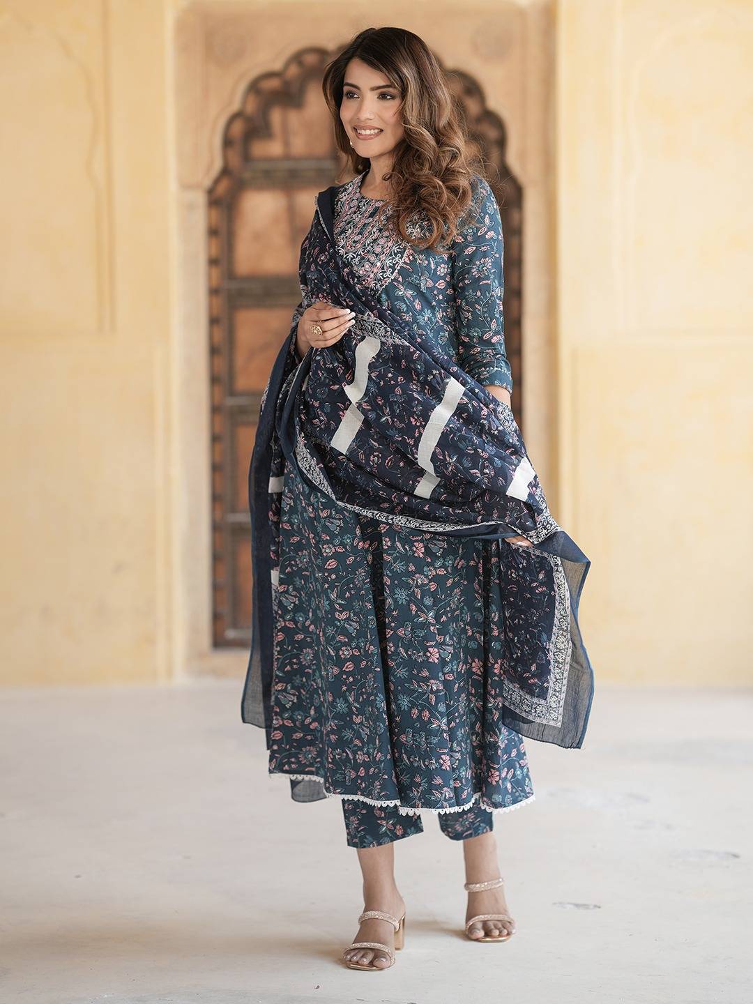 Women Blue Anarkali Kurta Pant Dupatta Set