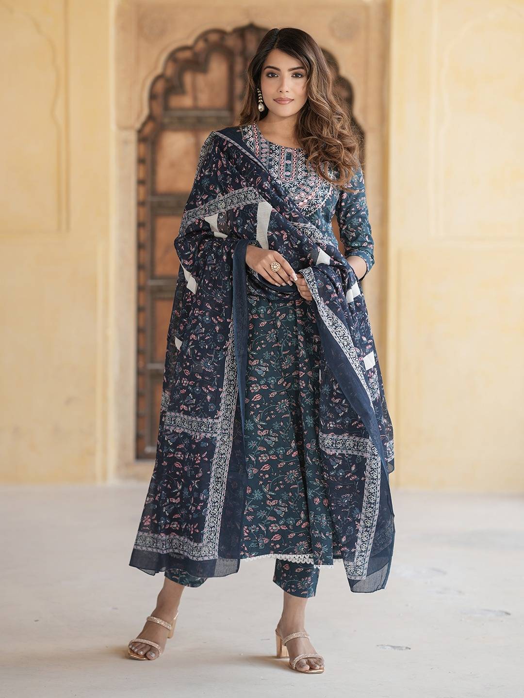 Women Blue Anarkali Kurta Pant Dupatta Set