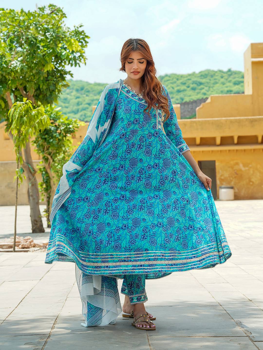 Floral Printed Angrakha Pure Cotton Anarkali Kurta With Trousers & Dupatta