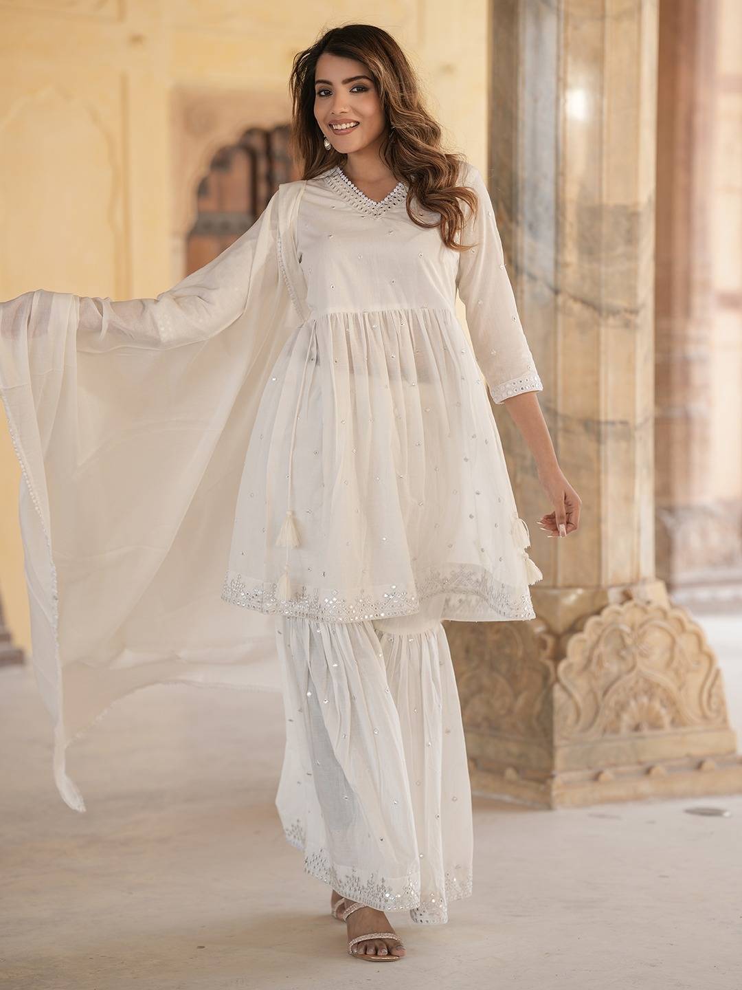 Women Off White A-line Tiered Kurta sharara Dupatta Set – Dhiyona