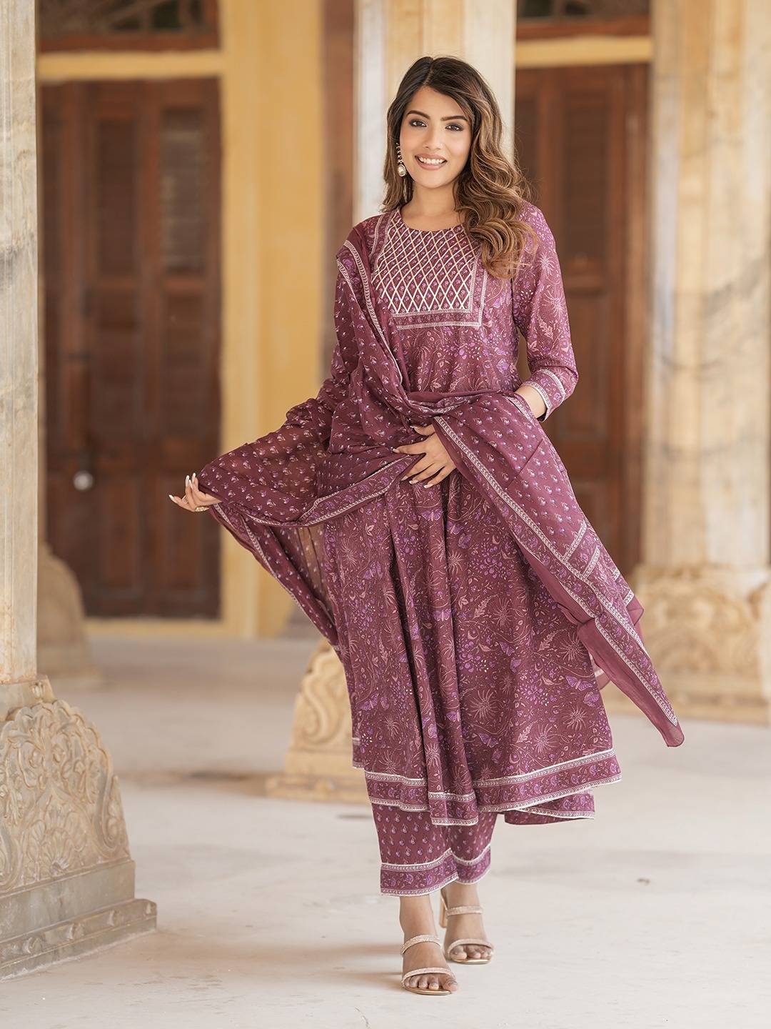 Women Mauve Anarkali Kurta Pant Dupatta Set