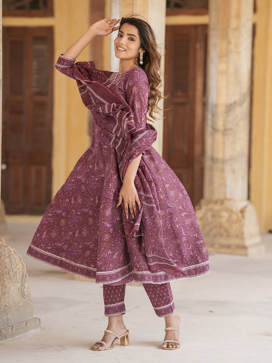 Women Mauve Anarkali Kurta Pant Dupatta Set