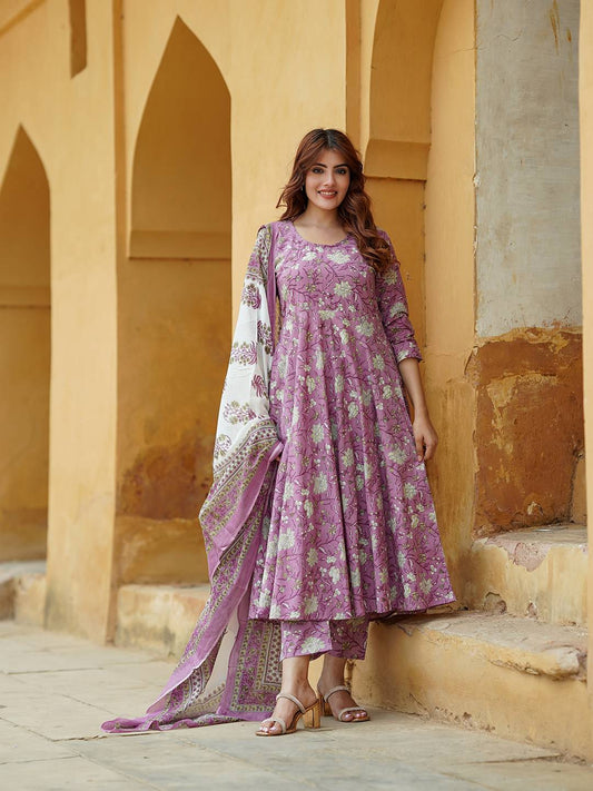 Women Mauve Floral Anarkali Kurta Pant Dupatta Set