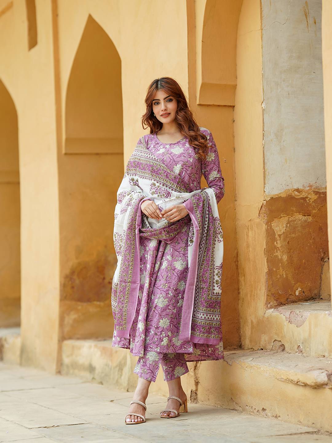 Women Mauve Floral Anarkali Kurta Pant Dupatta Set