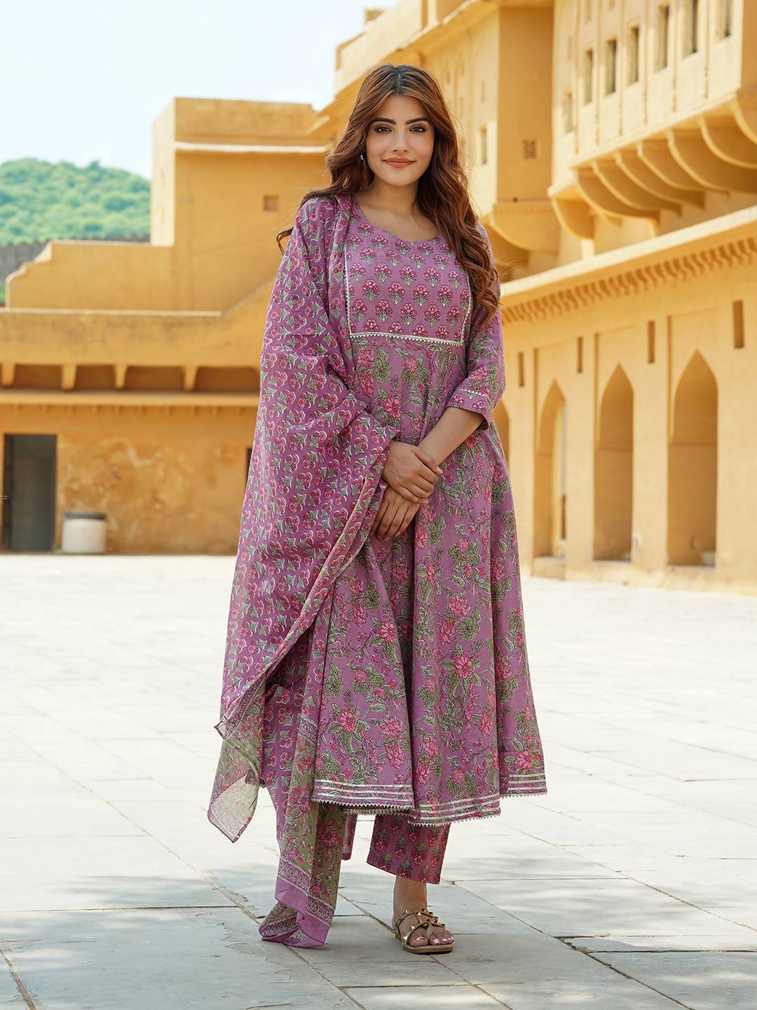 Women Mauve Gotta Patti Anarkali Kurta Pant Dupatta Set