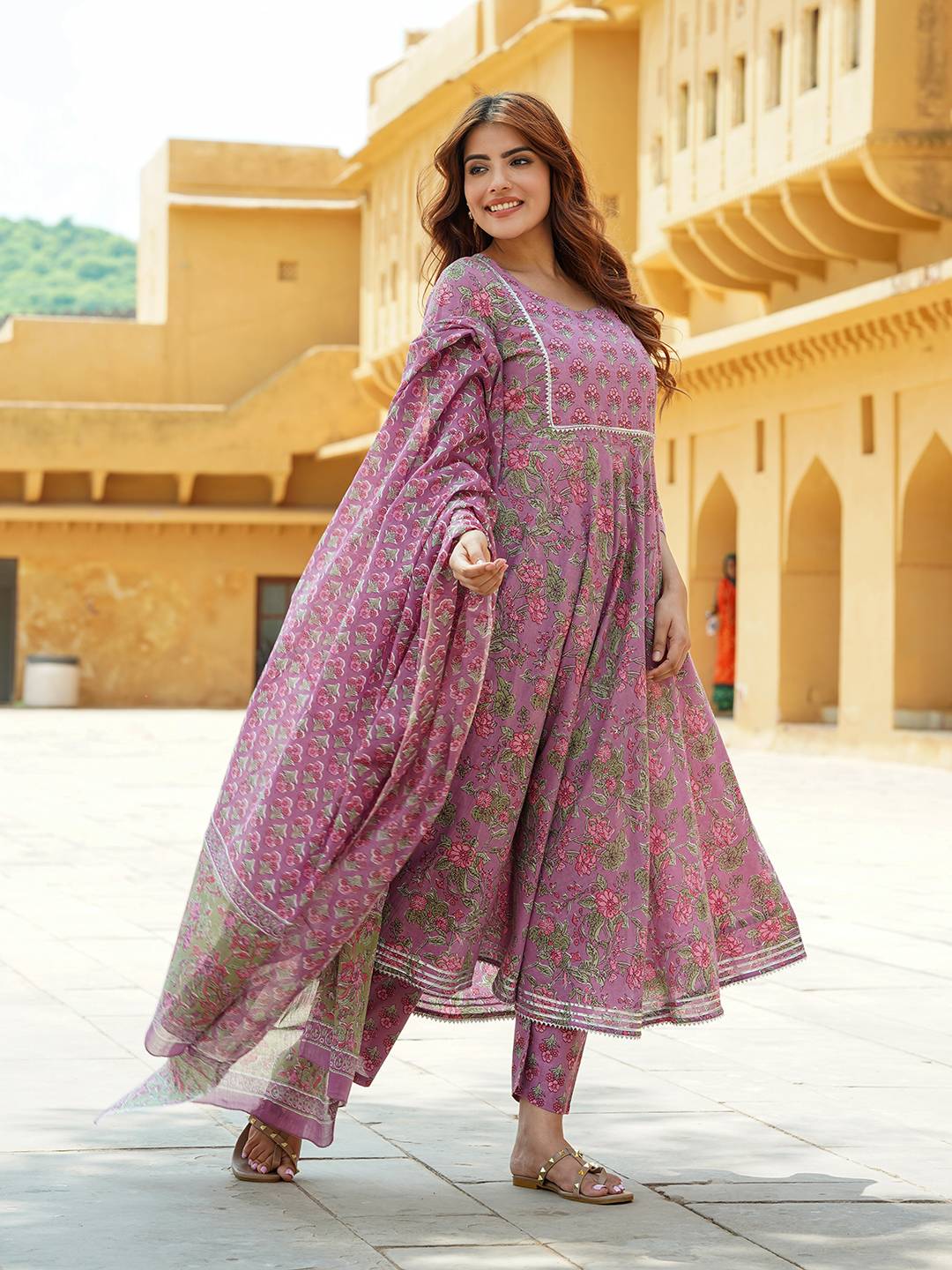Women Mauve Gotta Patti Anarkali Kurta Pant Dupatta Set