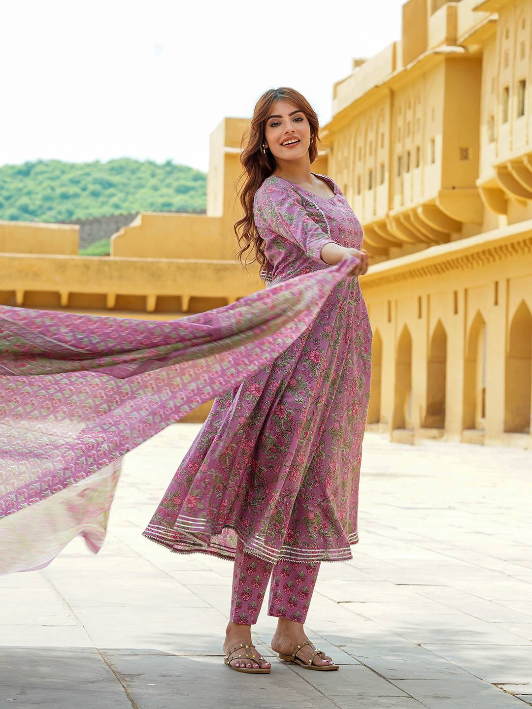 Women Mauve Gotta Patti Anarkali Kurta Pant Dupatta Set
