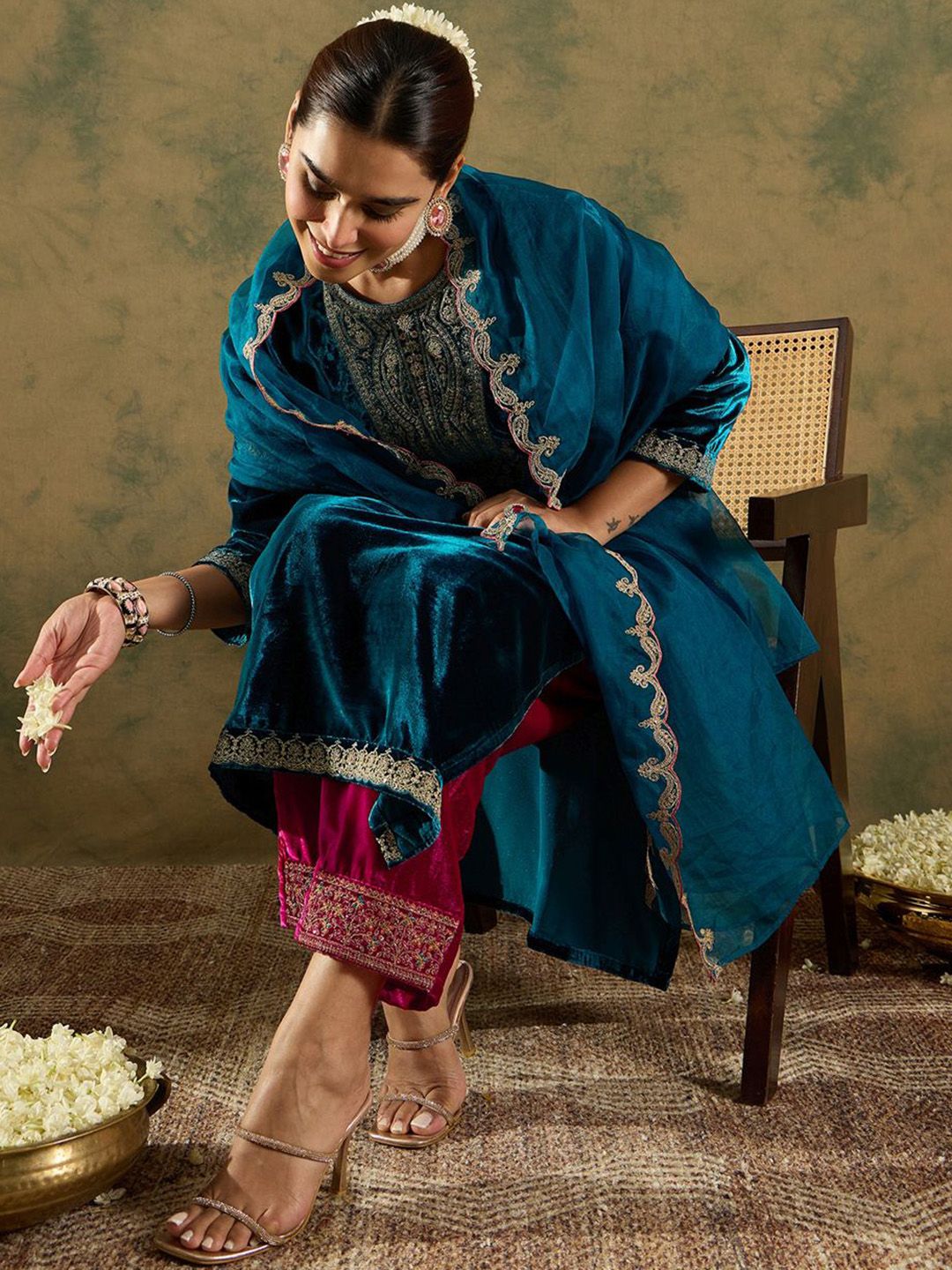 Ethnic Motifs Embroidered Regular Velvet Straight Kurta with Trousers & Dupatta