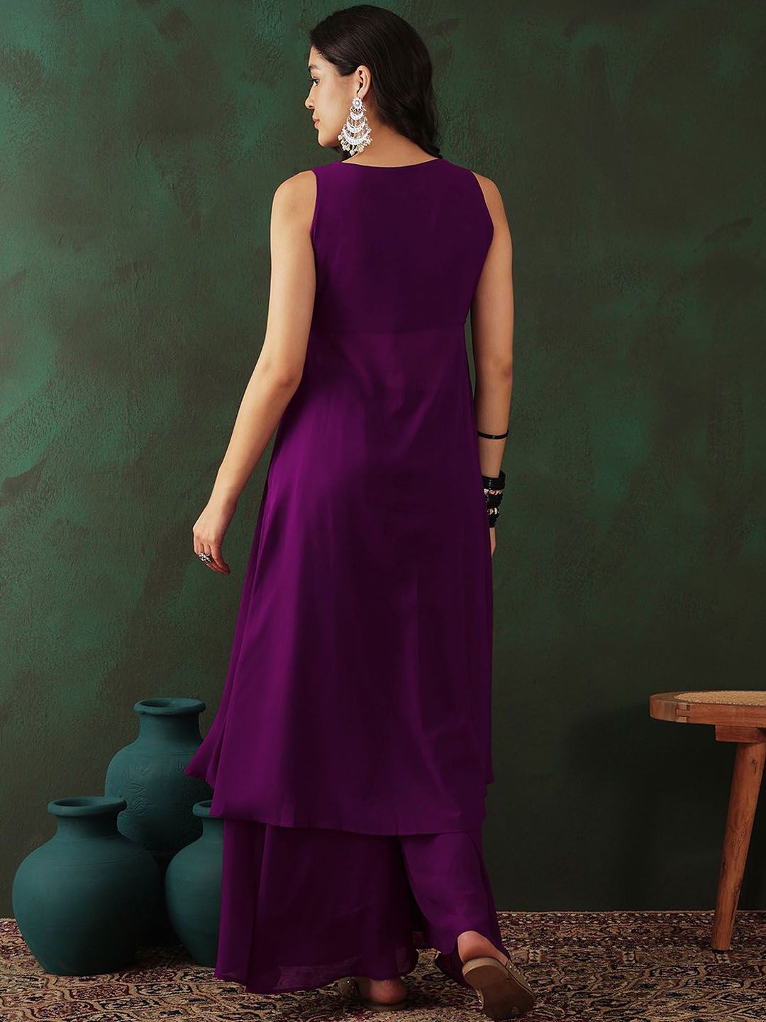 Dhiyona SN Women's Magenta Geometric Embroidered High Slit A-Line Kurta With Trouser