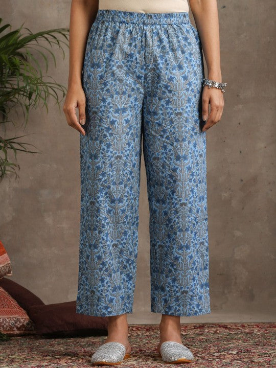 Women's Floral Printed Notch Neck Pure Cotton A-Line Kurta with Palazzos & Dupatta