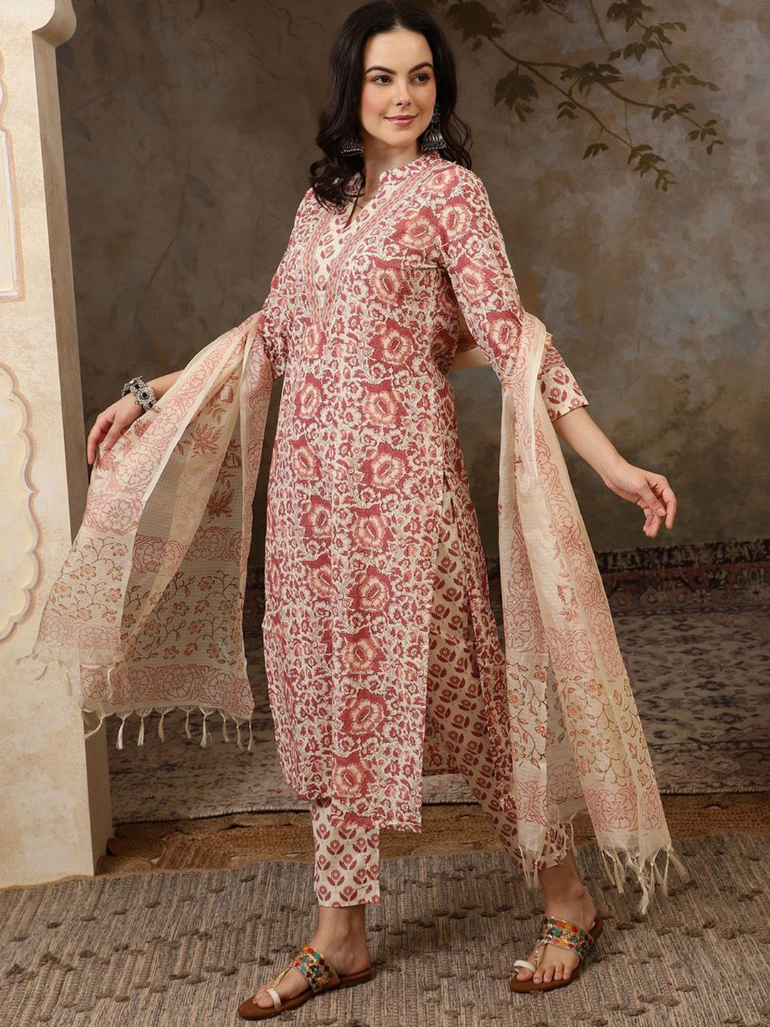 Dhiyona SN Women's Floral Printed Mandarin Collar Pure Cotton Kurta With Trousers & Dupatta
