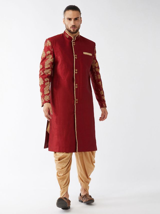 Men's Maroon Silk Blend Regular Sherwani Set