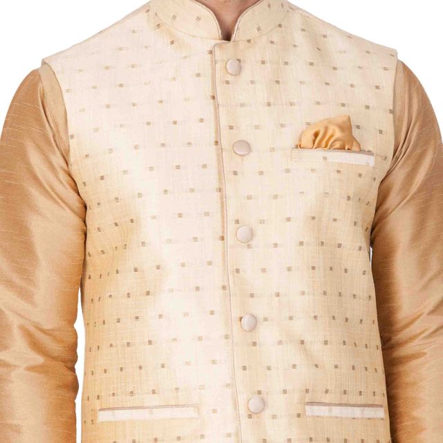 Men's Gold Silk Blend Straight Jacket Kurta and Pyjama Set