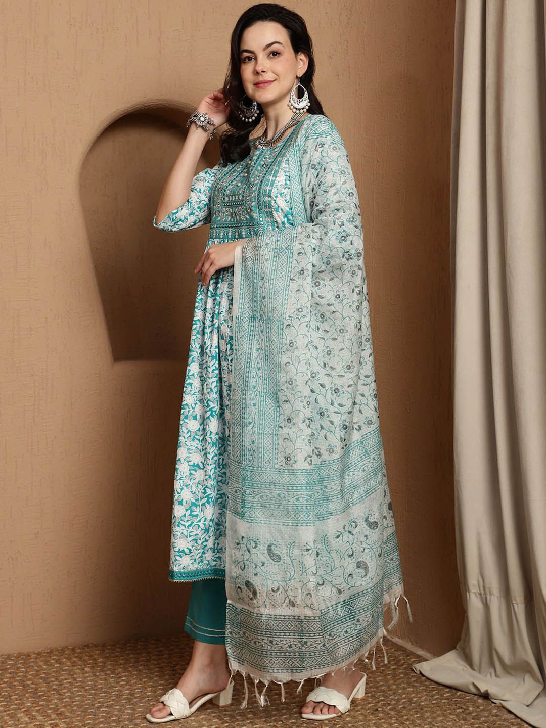 Dhiyona SN Women's Floral Printed Pure Cotton Anarkali Kurta & Trousers With Dupatta