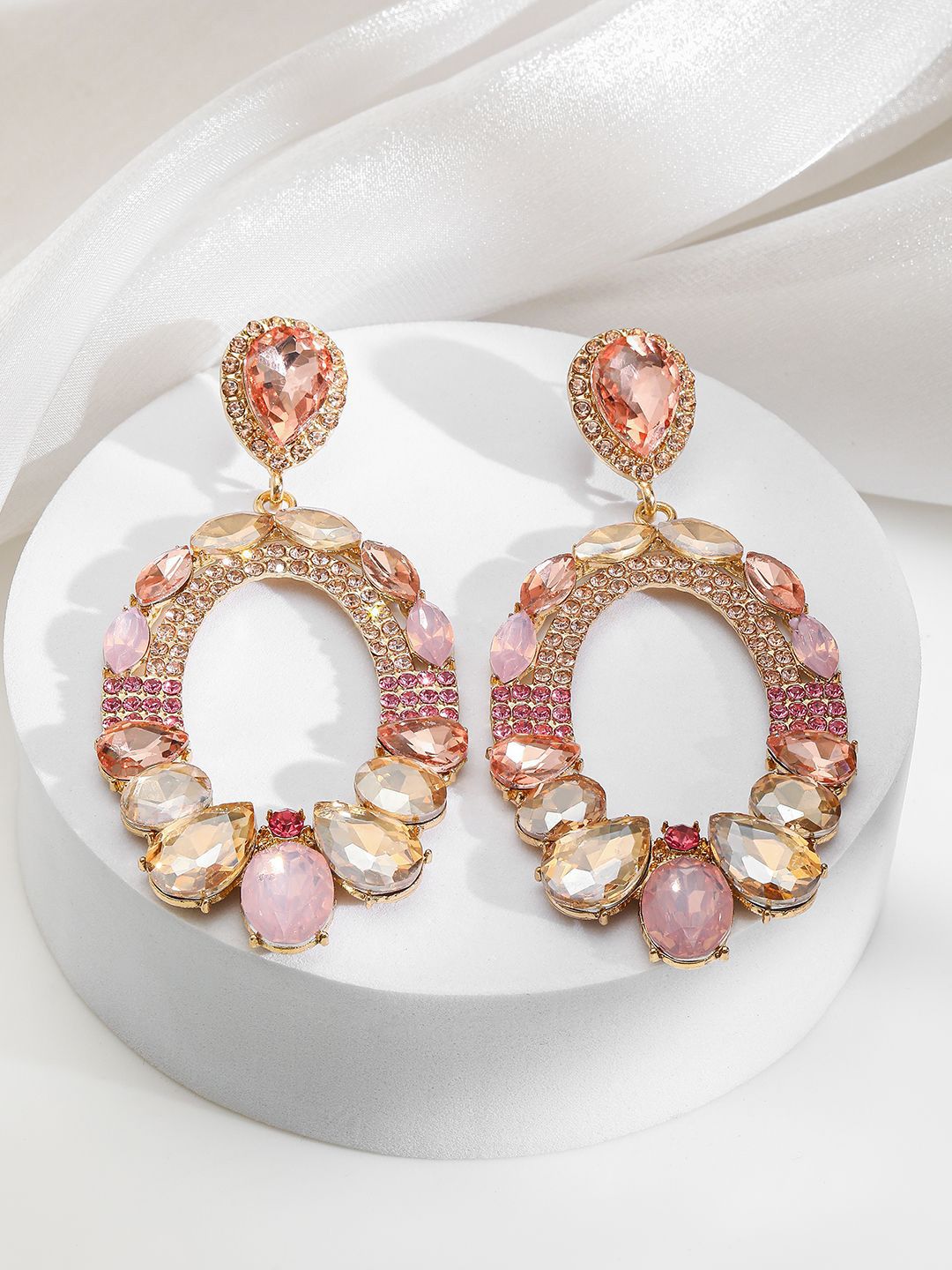 Dhiyona RJ Women's 18K Gold-Plated Oval Pink & Champagne Crystal Studded Statement Dangle Earrings