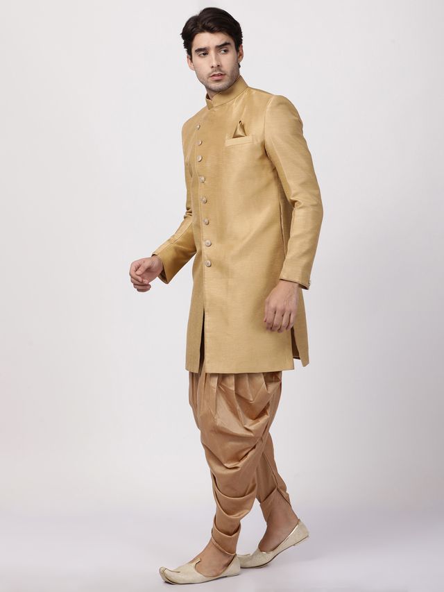 Men's Beige Silk Blend Straight Sherwani Set