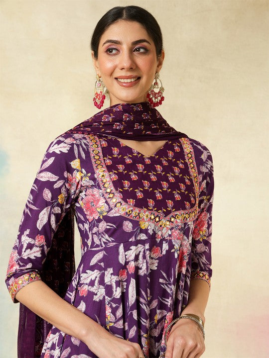 Women's Floral Printed V-Neck Pure Cotton Kurta With Palazzos And Dupatta