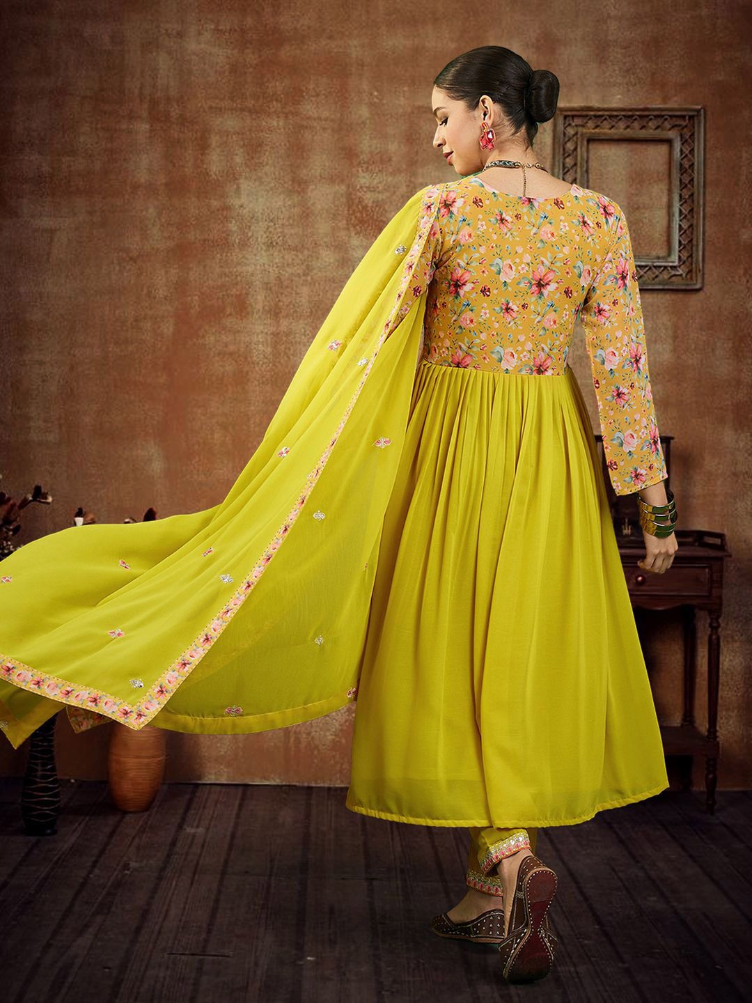 Dhiyona SN Women's Floral Yoke Design Empire Sequinned Georgette A-Line Kurta With Trouser & Dupatta
