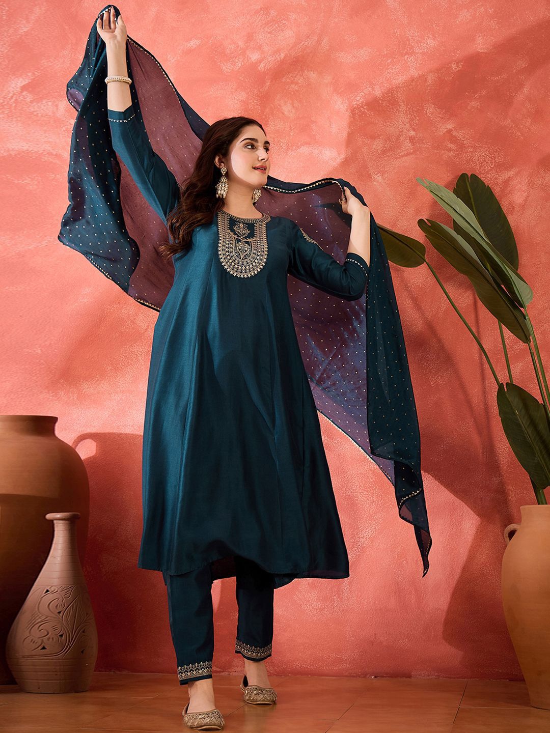 Dhiyona SN Women's Floral Yoke Design Sequinned Chinon Silk Anarkali Kurta With Trousers And Dupatta