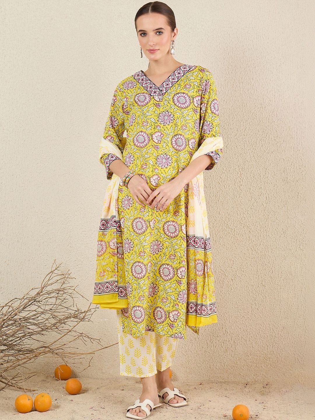 Women Floral Printed Regular Pure Cotton Kurta with Trousers & With Dupatta