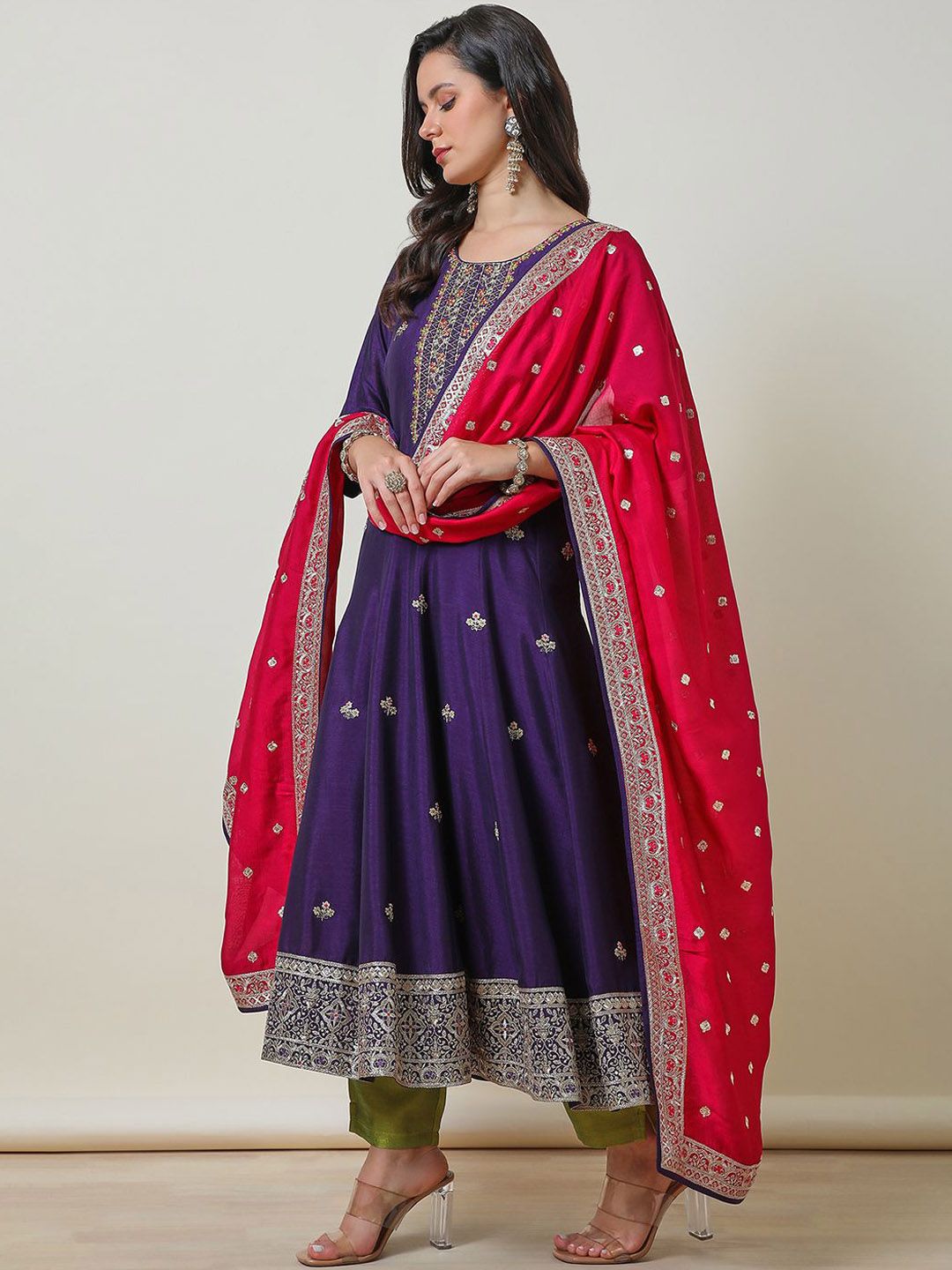 Dhiyona SO Women's Purple Ethnic Motifs Embroidered Zari A-Line Kurta With Trousers & Dupatta