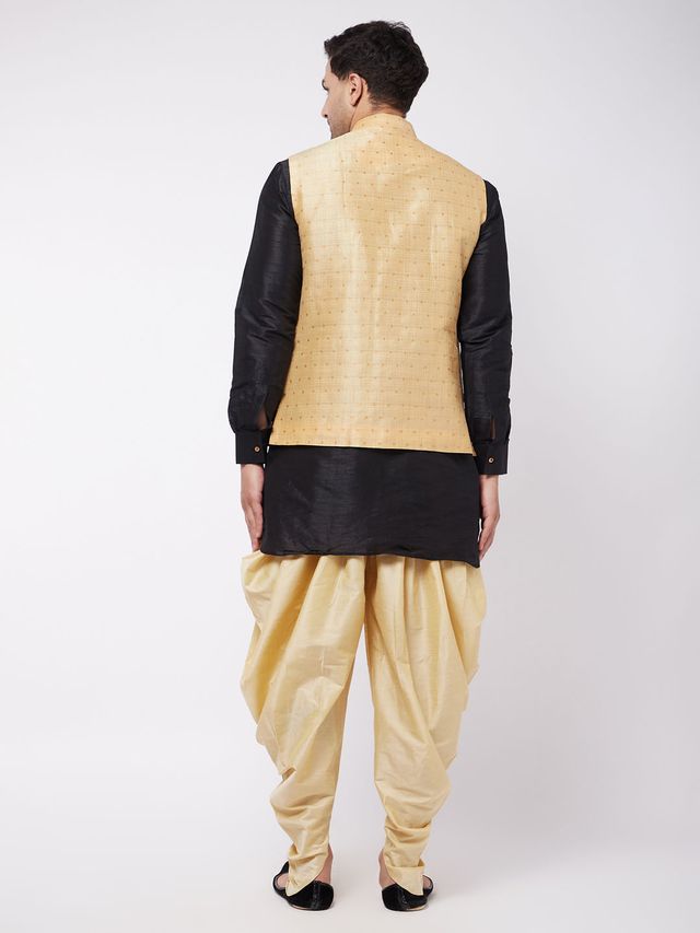 Men's Black Silk Blend Straight Jacket Kurta and Dhoti Set