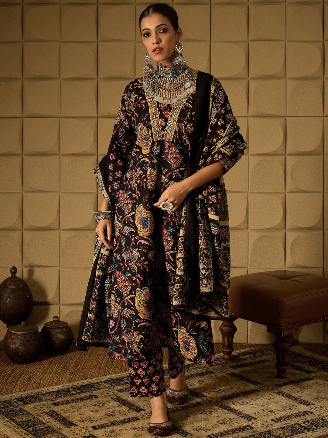 Dhiyona IE Floral Printed Sequinned Pure Cotton Kurta With Trousers & Dupatta