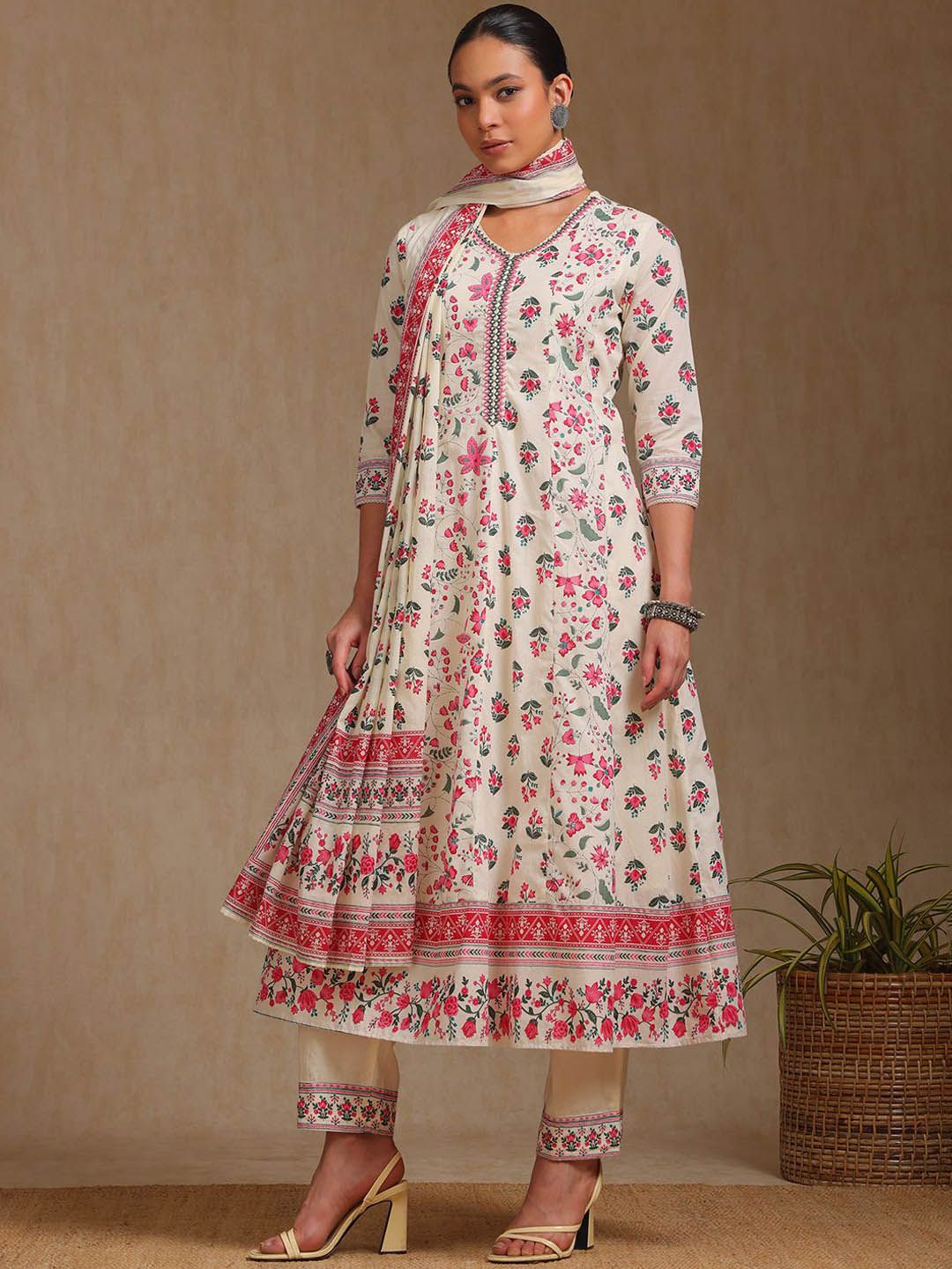 Dhiyona SO Women's Floral Printed V-Neck A-Line Kurta With Trousers And Dupatta