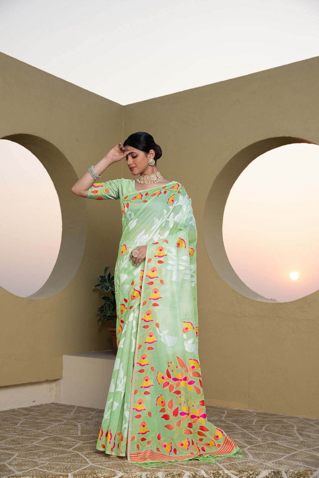 Dhiyona GR Women's Kaashi Green Cotton Jamdani Saree