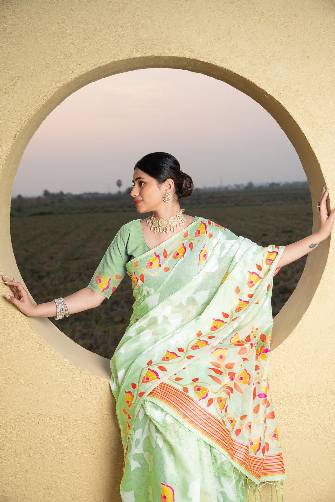 Dhiyona GR Women's Kaashi Green Cotton Jamdani Saree