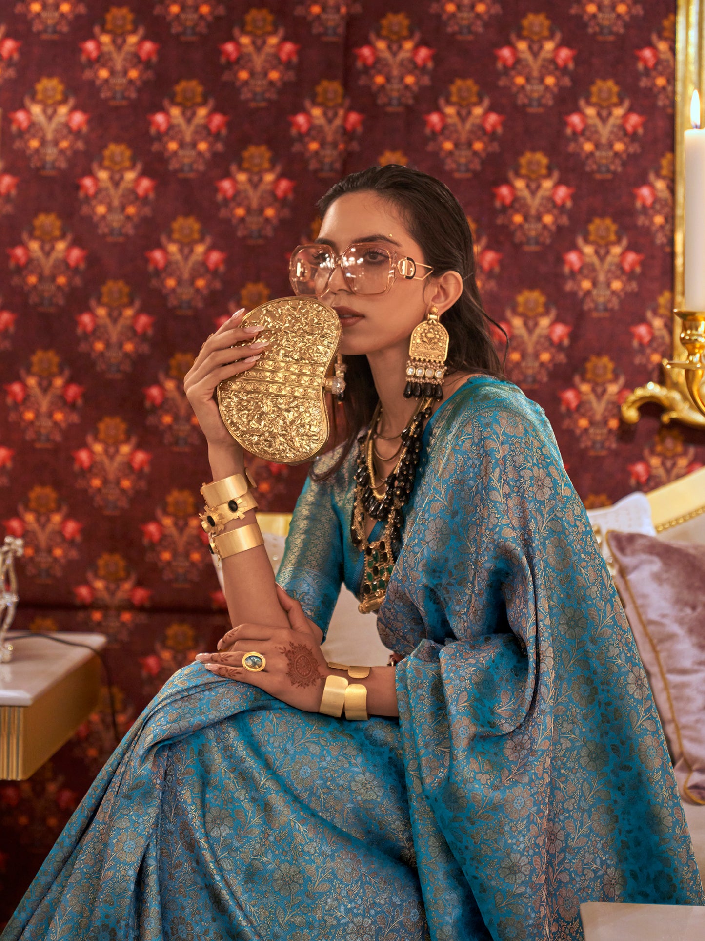 Women's Silk Blend Blue Woven Design Designer Saree With Blouse Piece