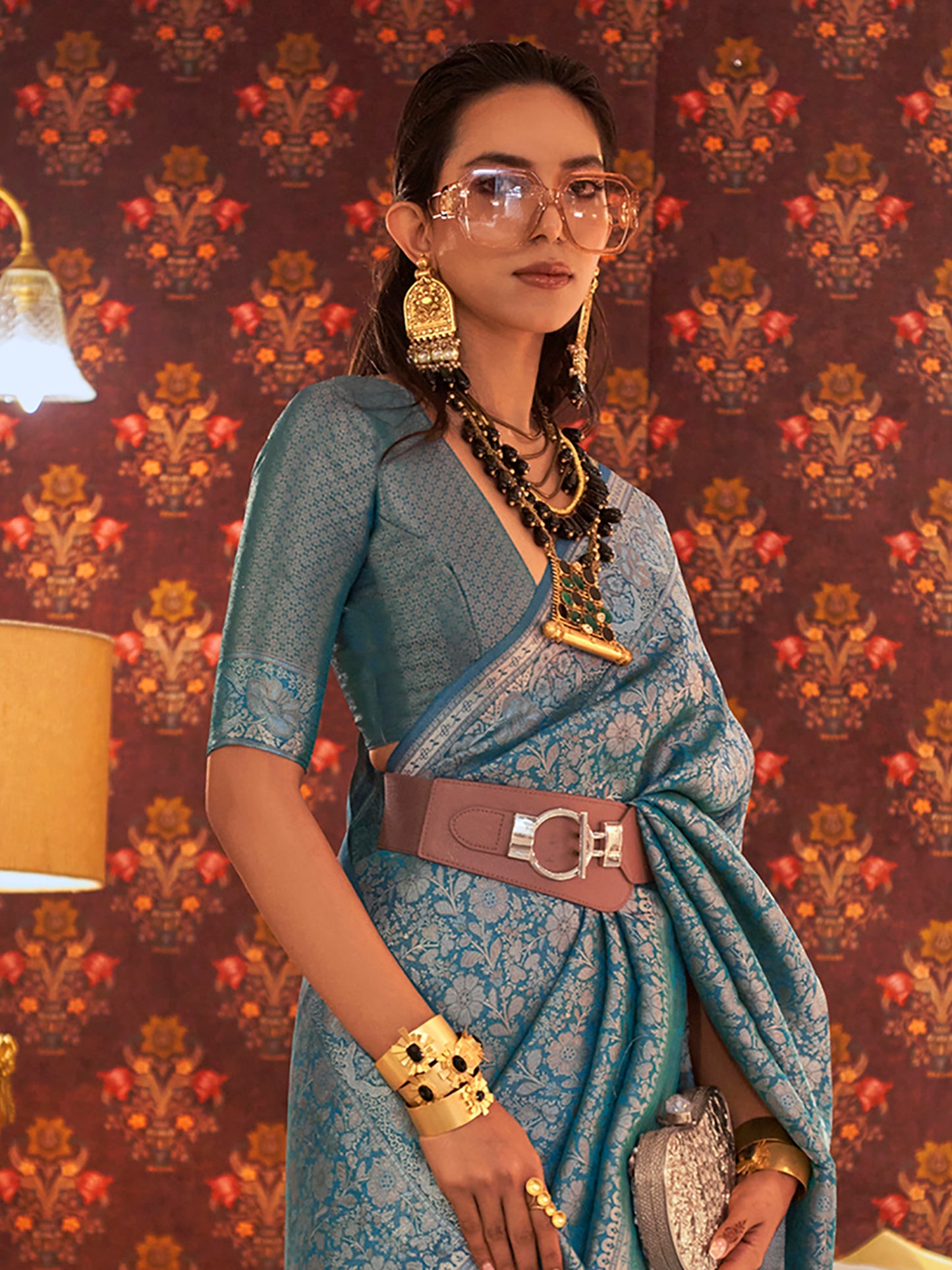 Women's Silk Blend Blue Woven Design Designer Saree With Blouse Piece