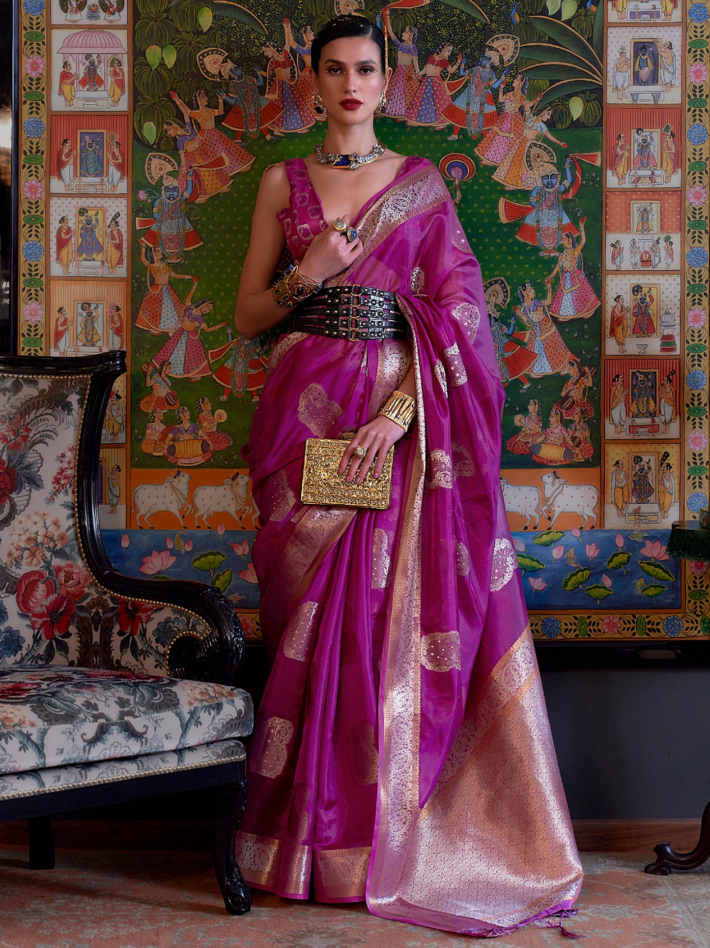 Women's Organza Purple Embellished Designer Saree With Blouse Piece
