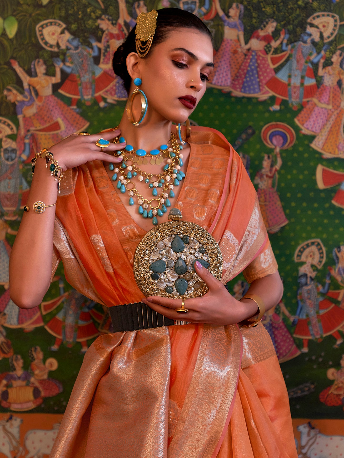 Women's Organza Peach Embellished Designer Saree With Blouse Piece