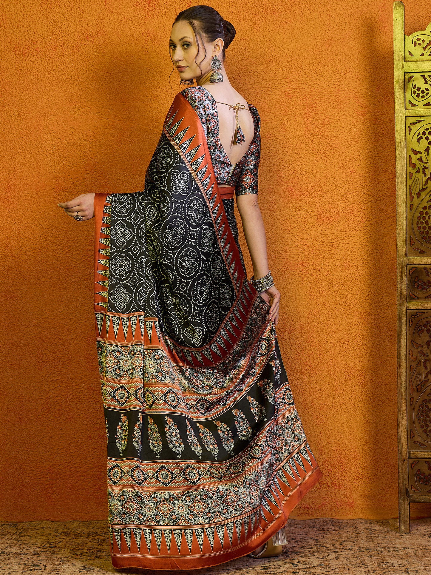 Women's Satin Brown Printed Designer Saree With Blouse Piece