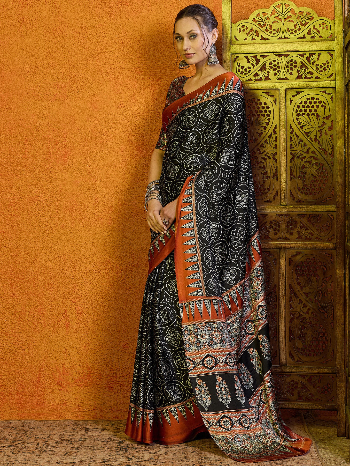 Women's Satin Brown Printed Designer Saree With Blouse Piece
