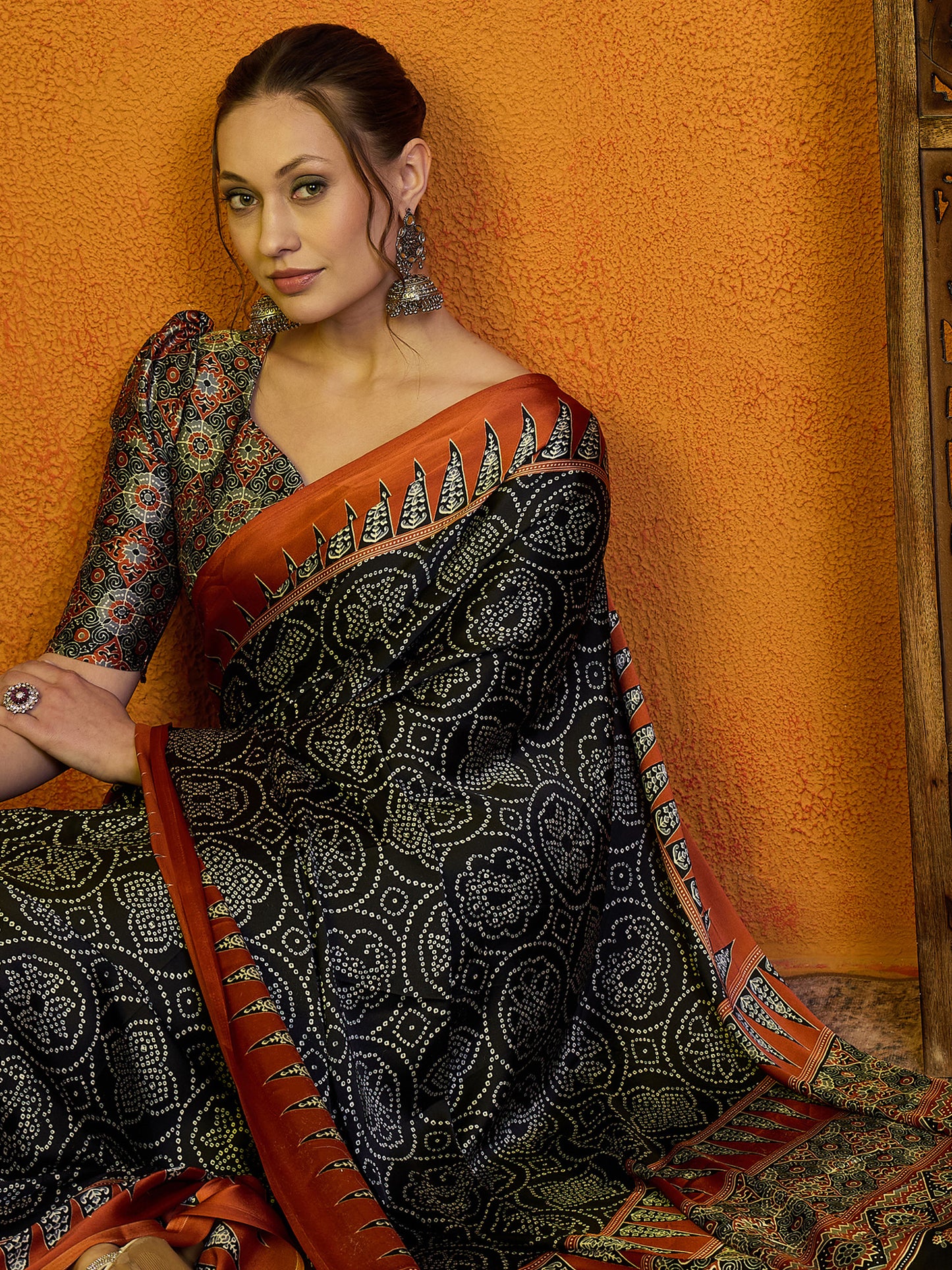 Women's Satin Brown Printed Designer Saree With Blouse Piece