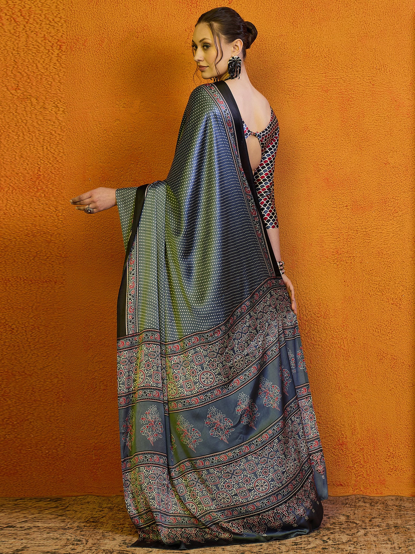 Women's Satin Rust Printed Designer Saree With Blouse Piece