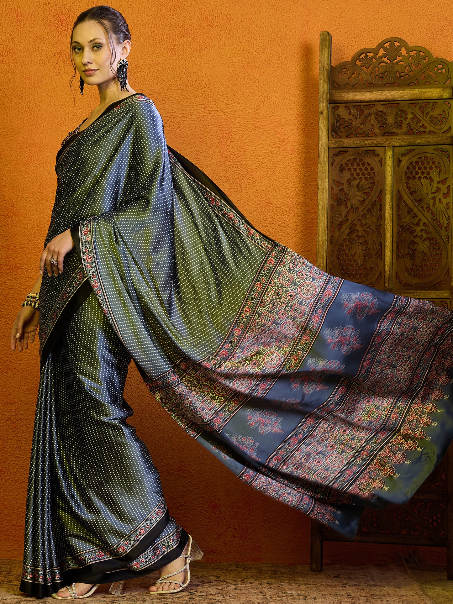 Women's Satin Rust Printed Designer Saree With Blouse Piece