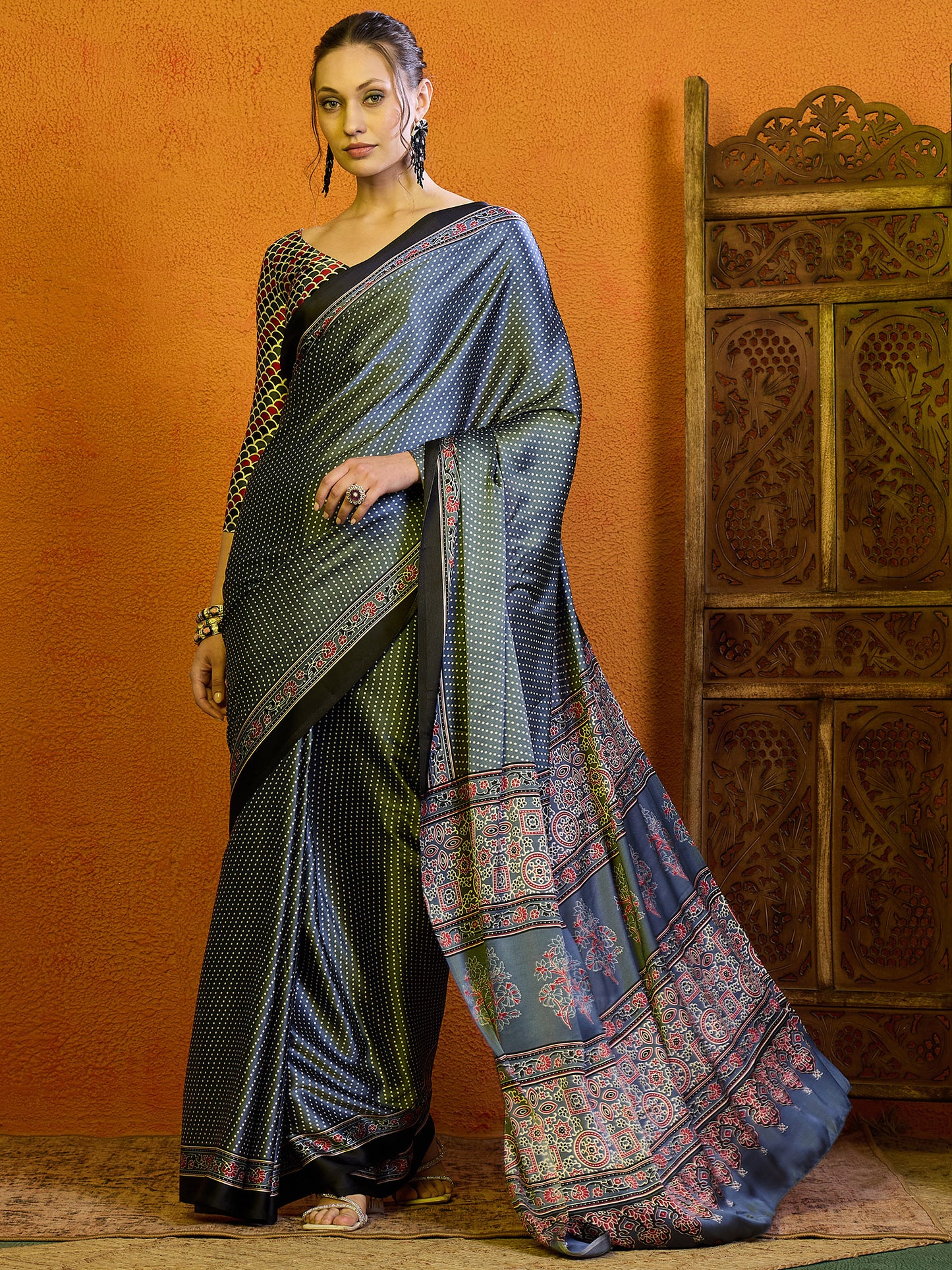 Women's Satin Rust Printed Designer Saree With Blouse Piece