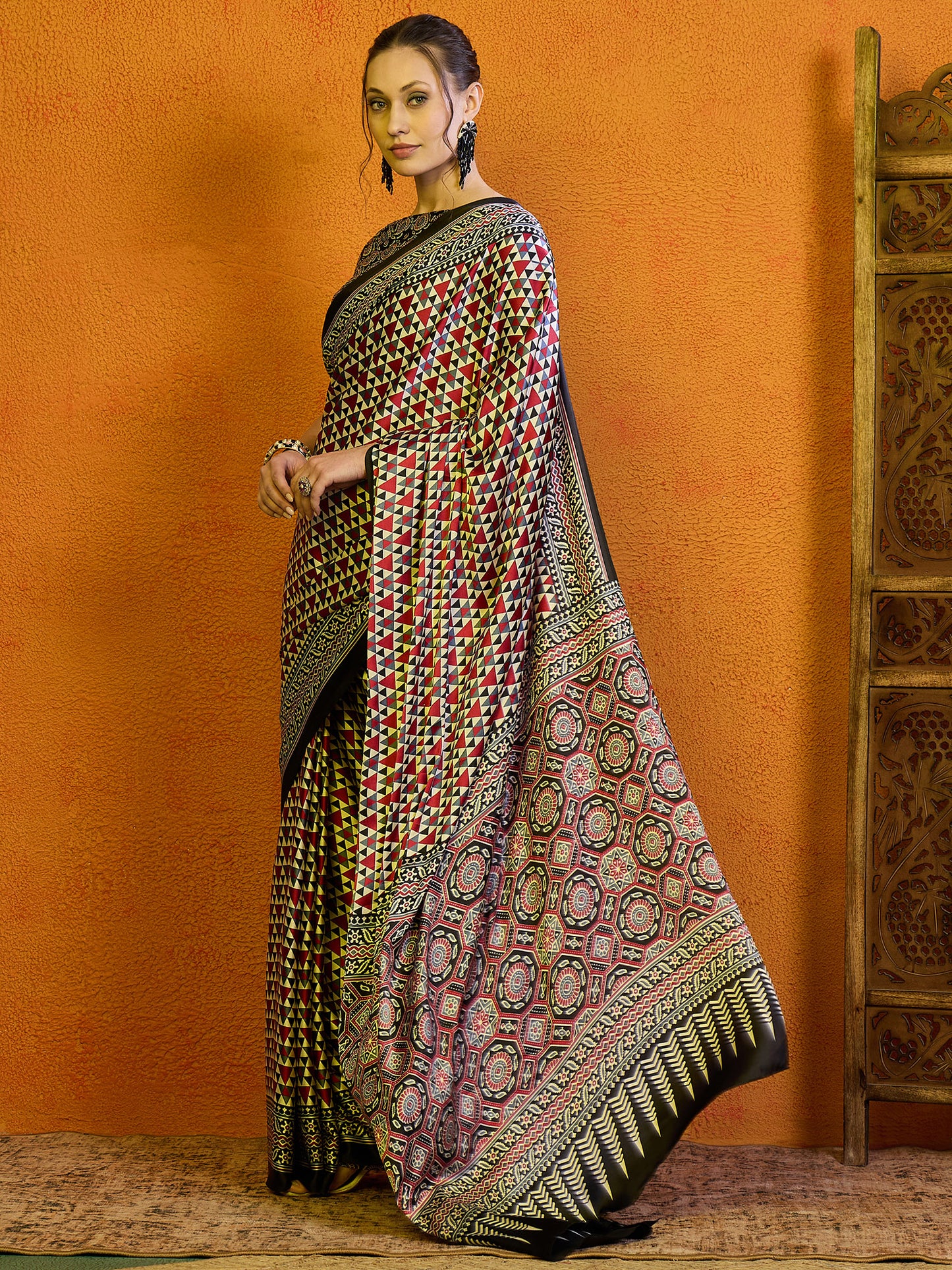 Women's Satin Red Printed Designer Saree With Blouse Piece