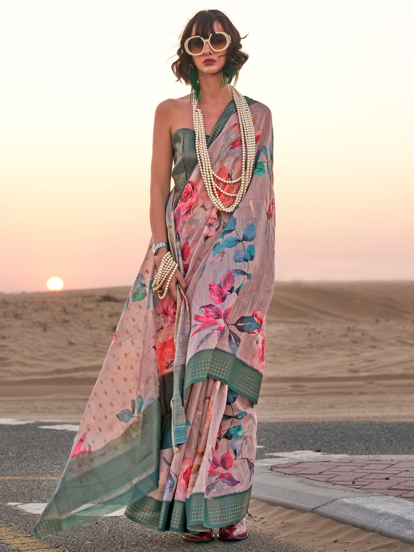 Women's Linen Cream Printed Designer Saree With Blouse Piece