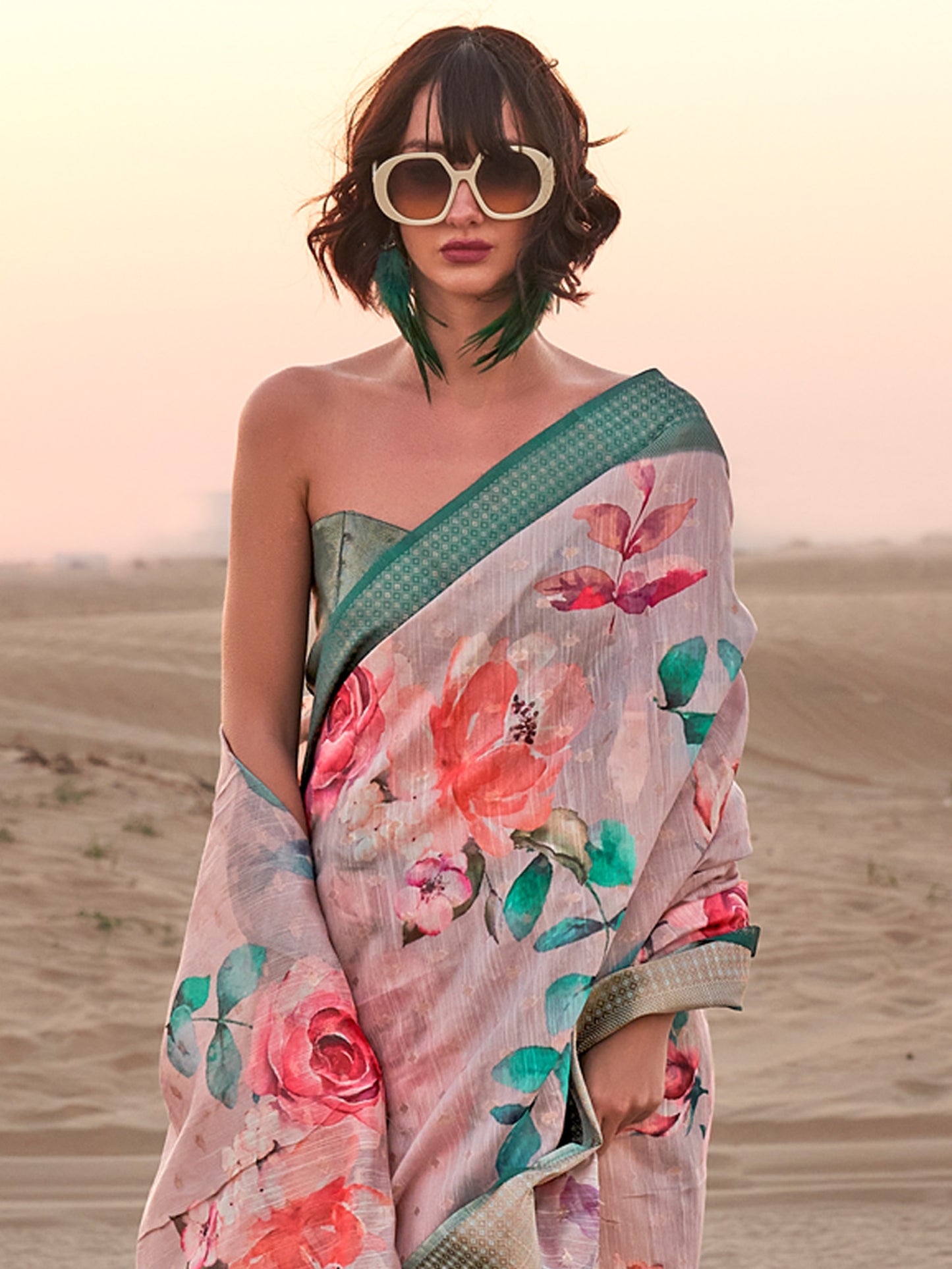 Women's Linen Cream Printed Designer Saree With Blouse Piece