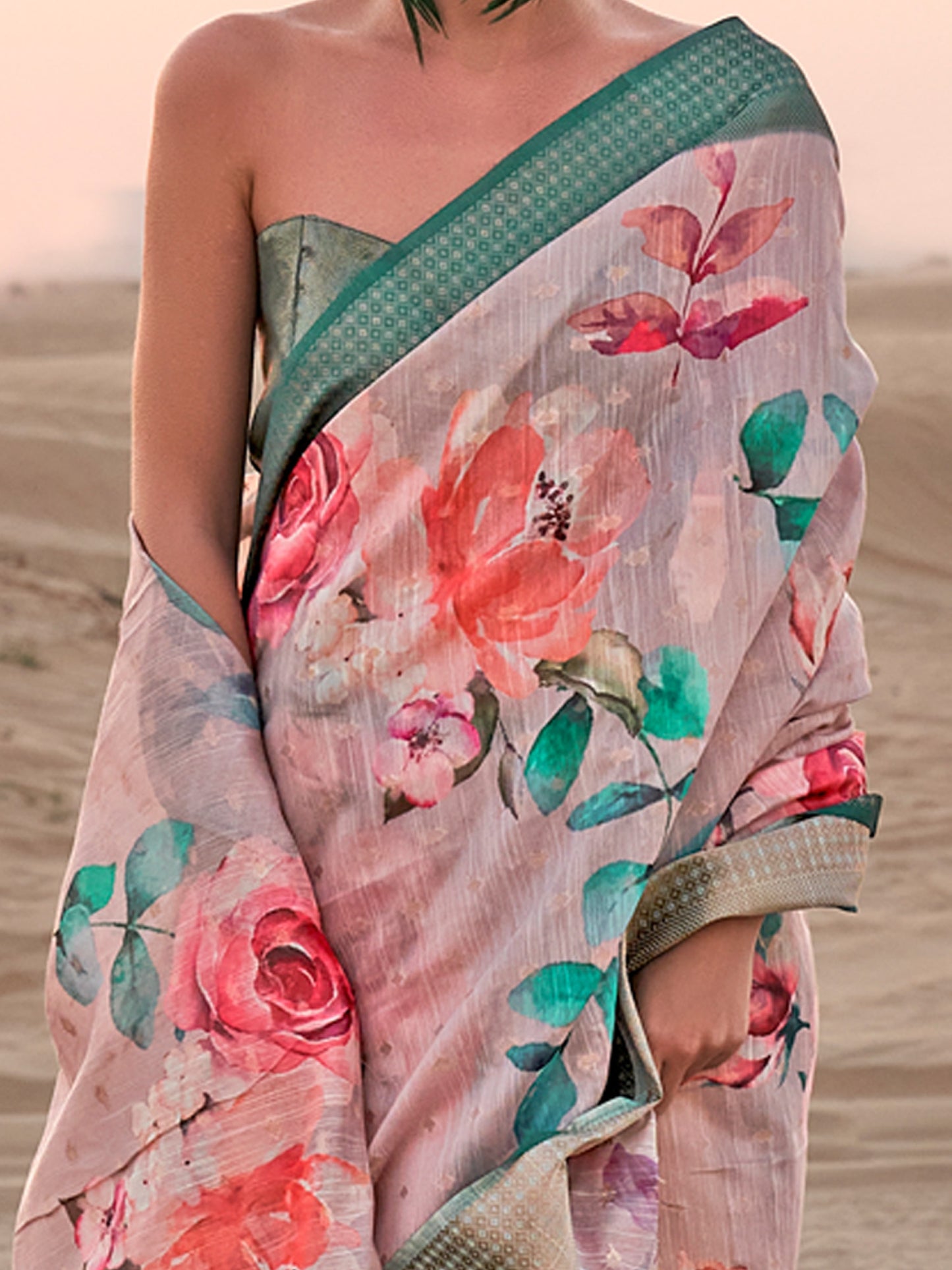 Women's Linen Cream Printed Designer Saree With Blouse Piece