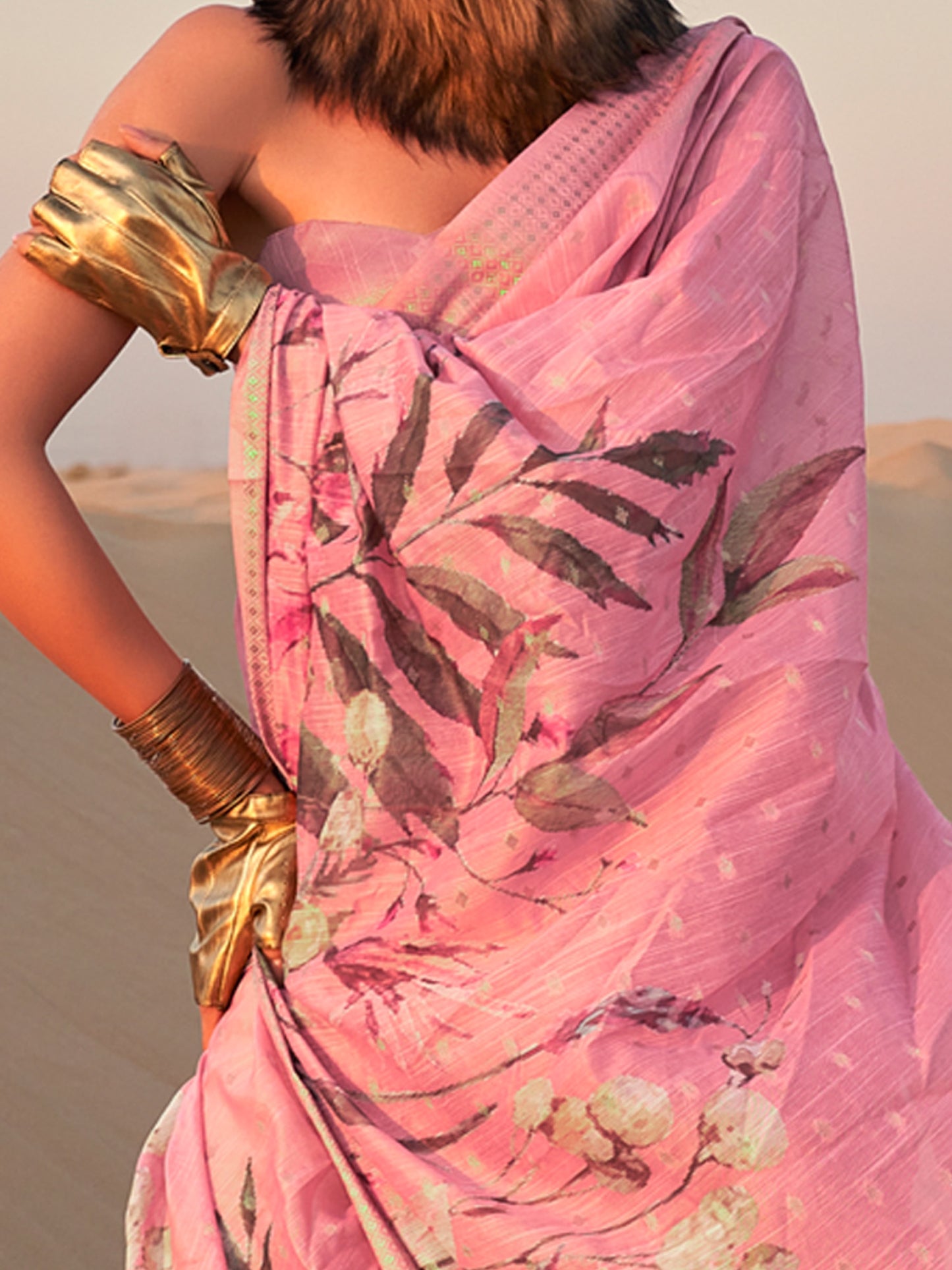 Women's Linen Pink Printed Designer Saree With Blouse Piece
