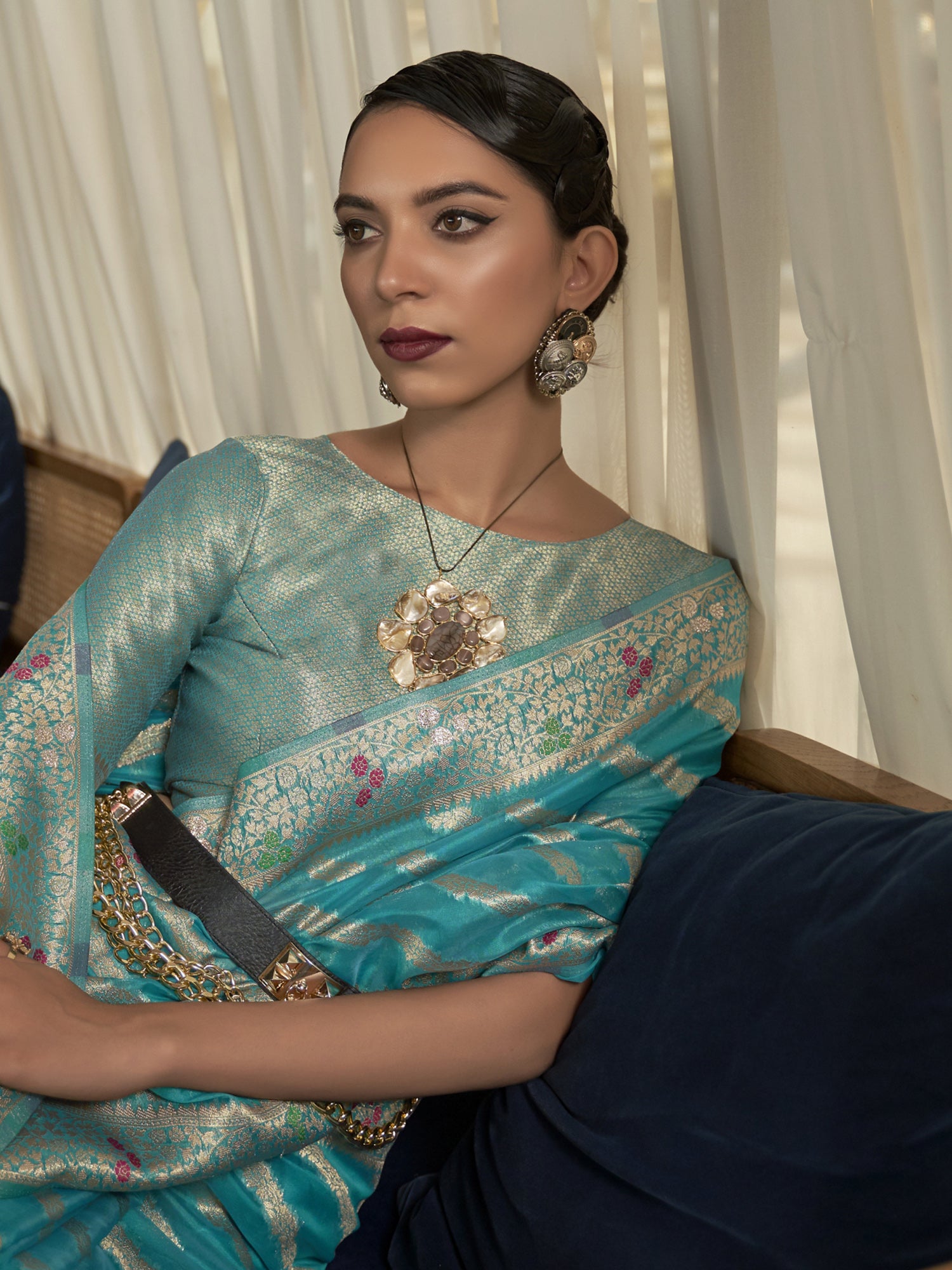 Organza Blue Woven Design Designer Saree With Blouse Piece