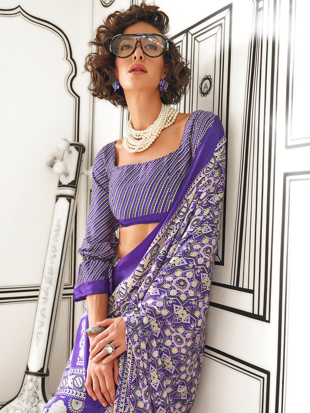 Women's Crepe Purple Printed Designer Saree With Blouse Piece