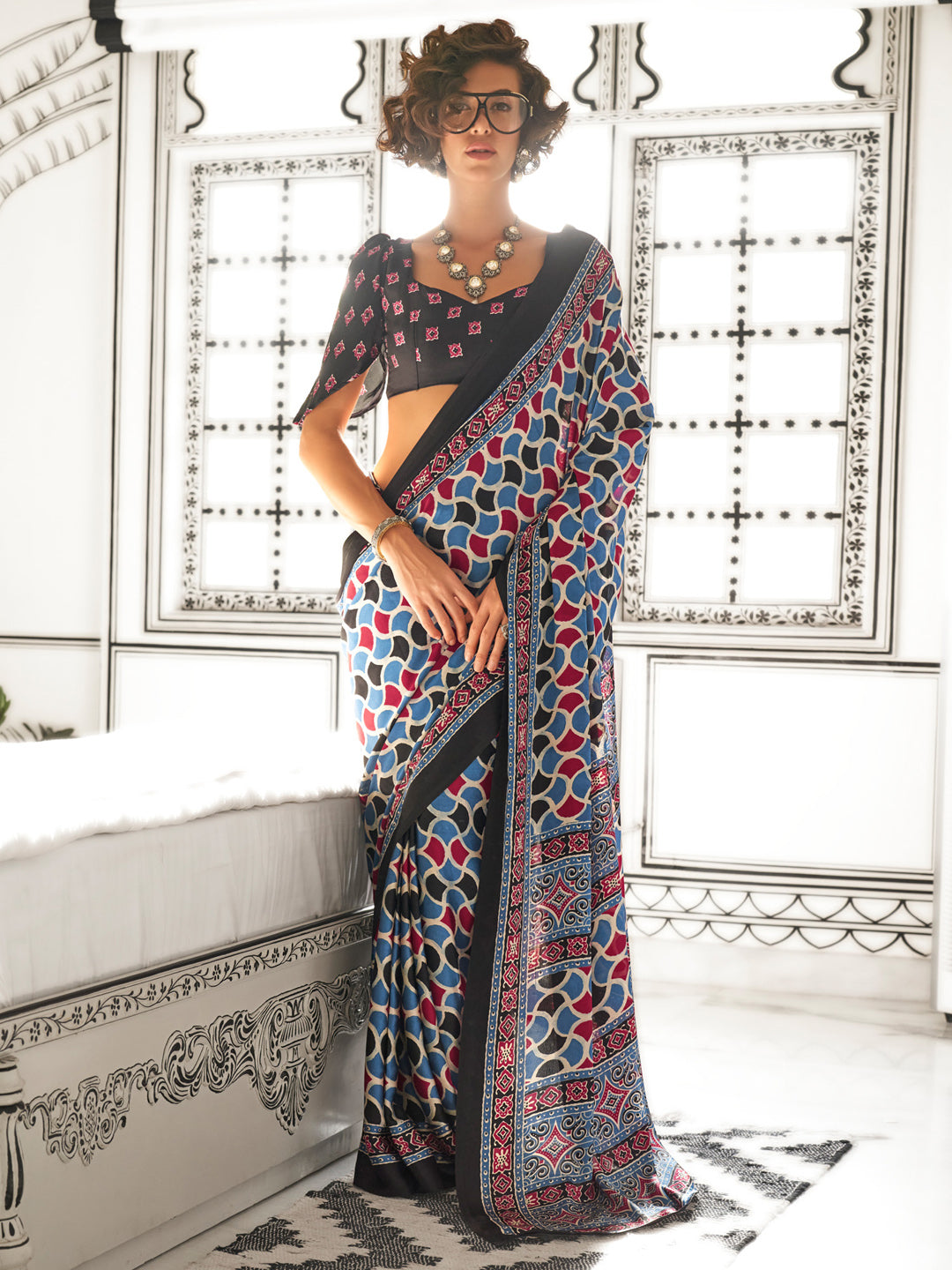 Women's Crepe Blue Printed Designer Saree With Blouse Piece
