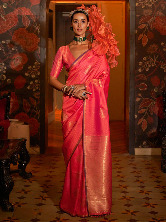 Women's Silk Blend Pink Woven Design Designer Saree With Blouse Piece