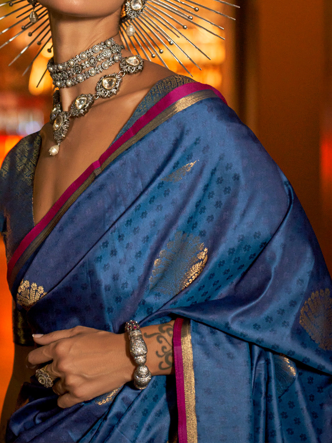 Women's Silk Blend Navy Blue Woven Design Designer Saree With Blouse Piece